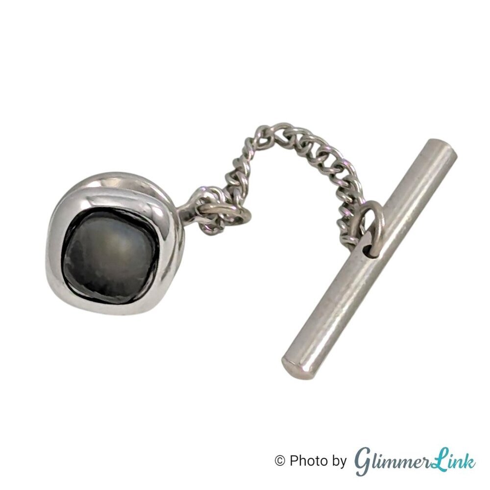 Vintage Swank Silver Tone Tie Tack with Shell Cabochon, Chain & T-Bar